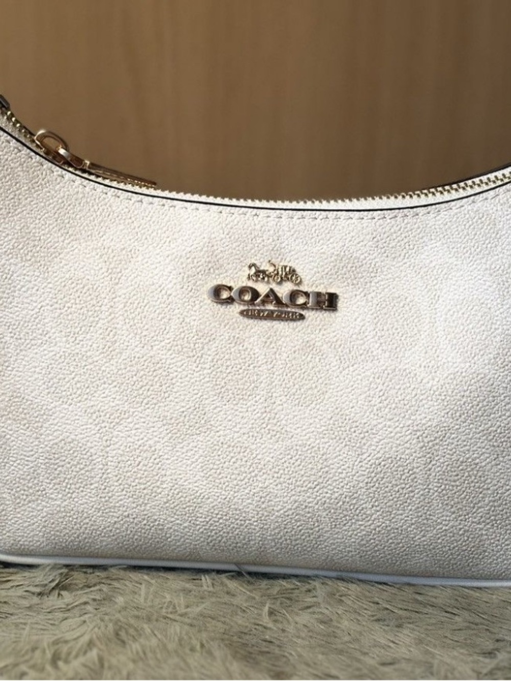 Coach Cream Pebbled Leather Shoulder Bag with Gold Logo